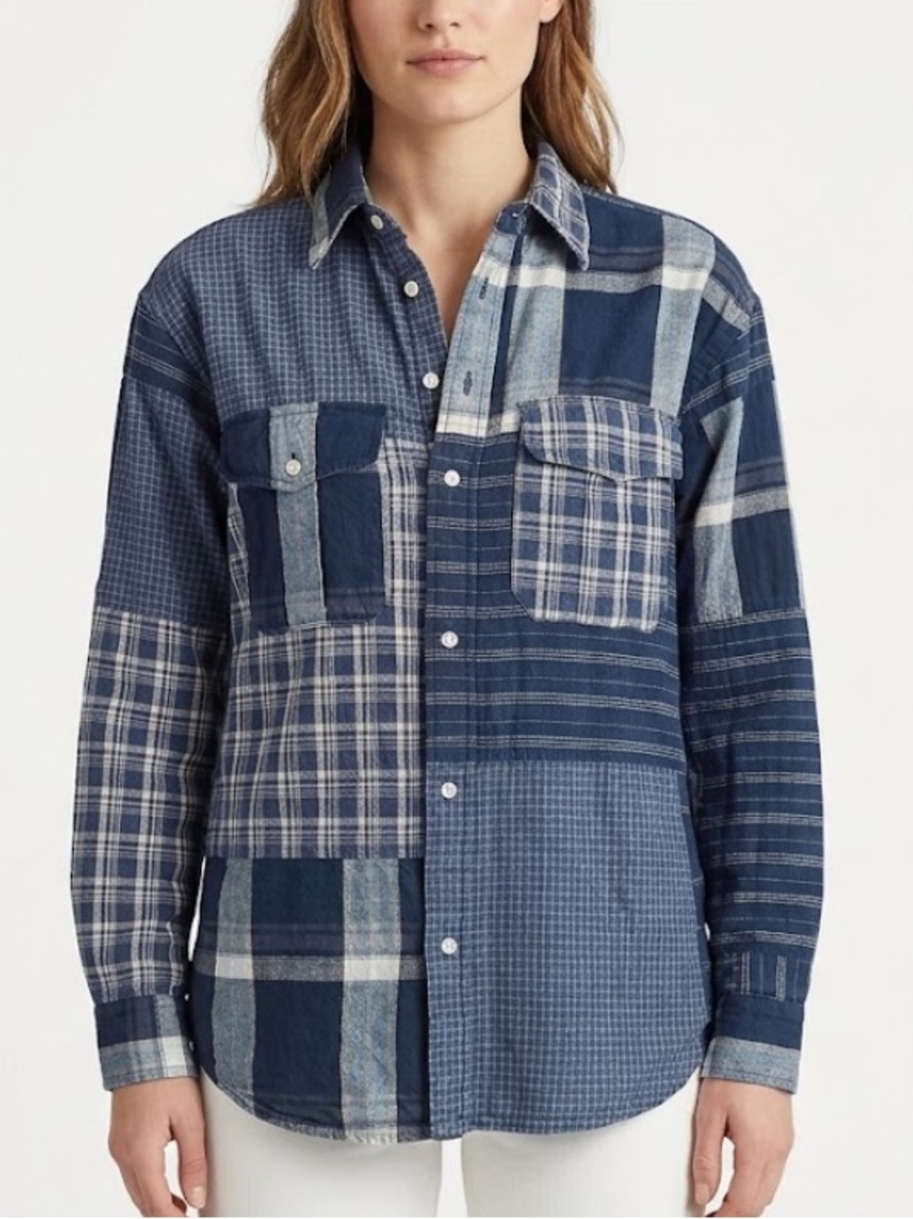 Lauren Ralph Lauren Indigo Patchwork Plaid Linen-Blend Button Down Shirt Small